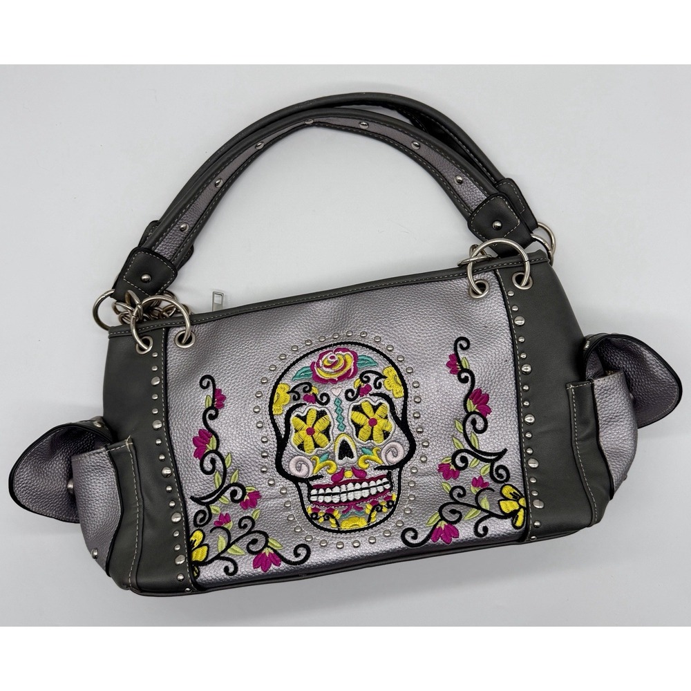 Unbranded Sugar Skull Purse Metallic Silver Floral Embroidered Stud Satchel Goth